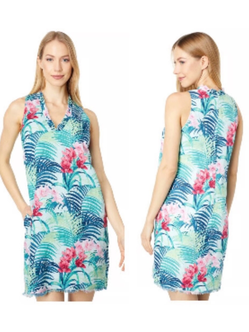 Tommy Bahama Florida Fauna Ruffle Linen Dress in Aquarius Size Small Tropical
